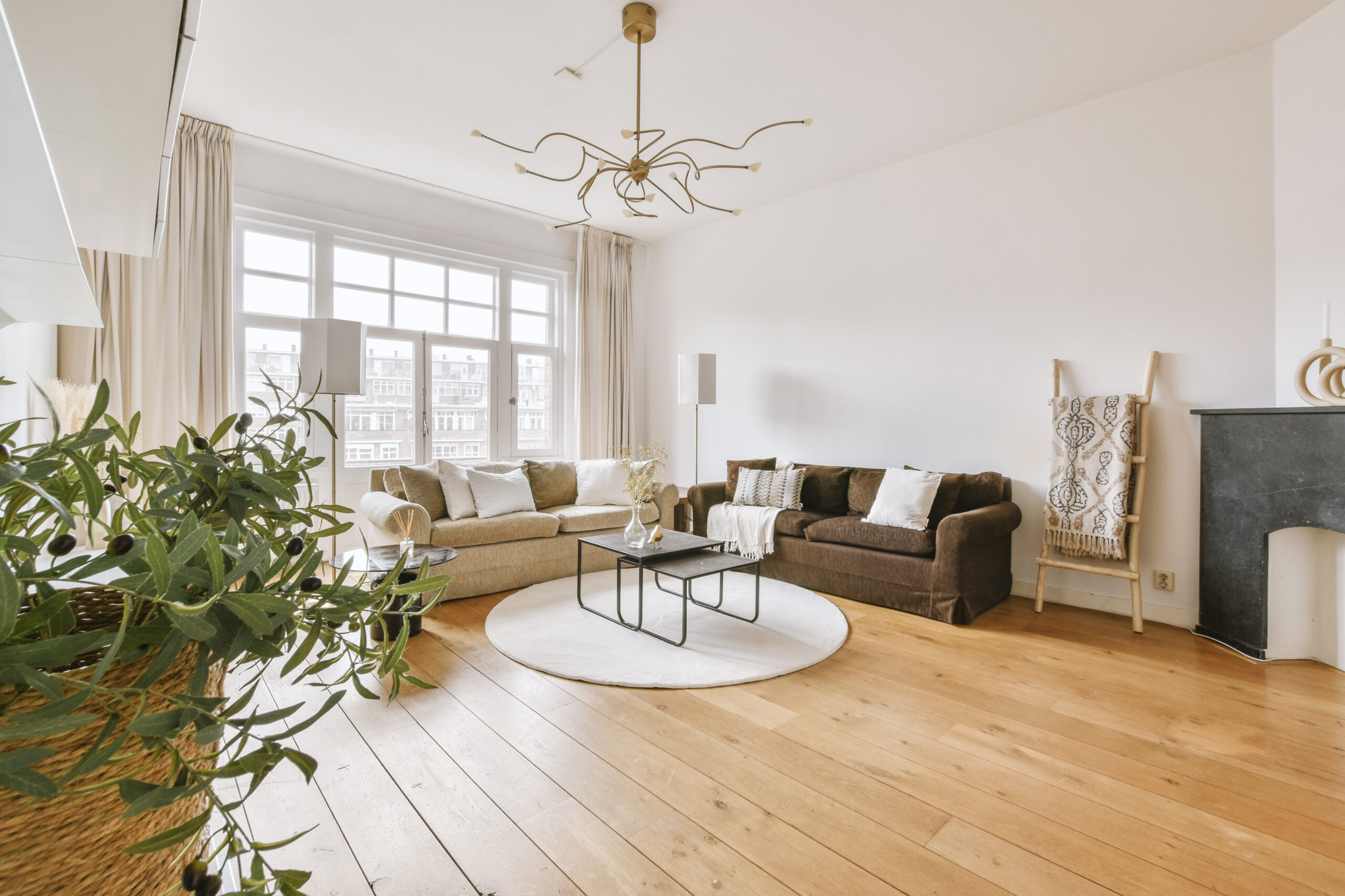 Comfortable sofa with soft cushions located under stylish chandelier in spacious light living room with arch