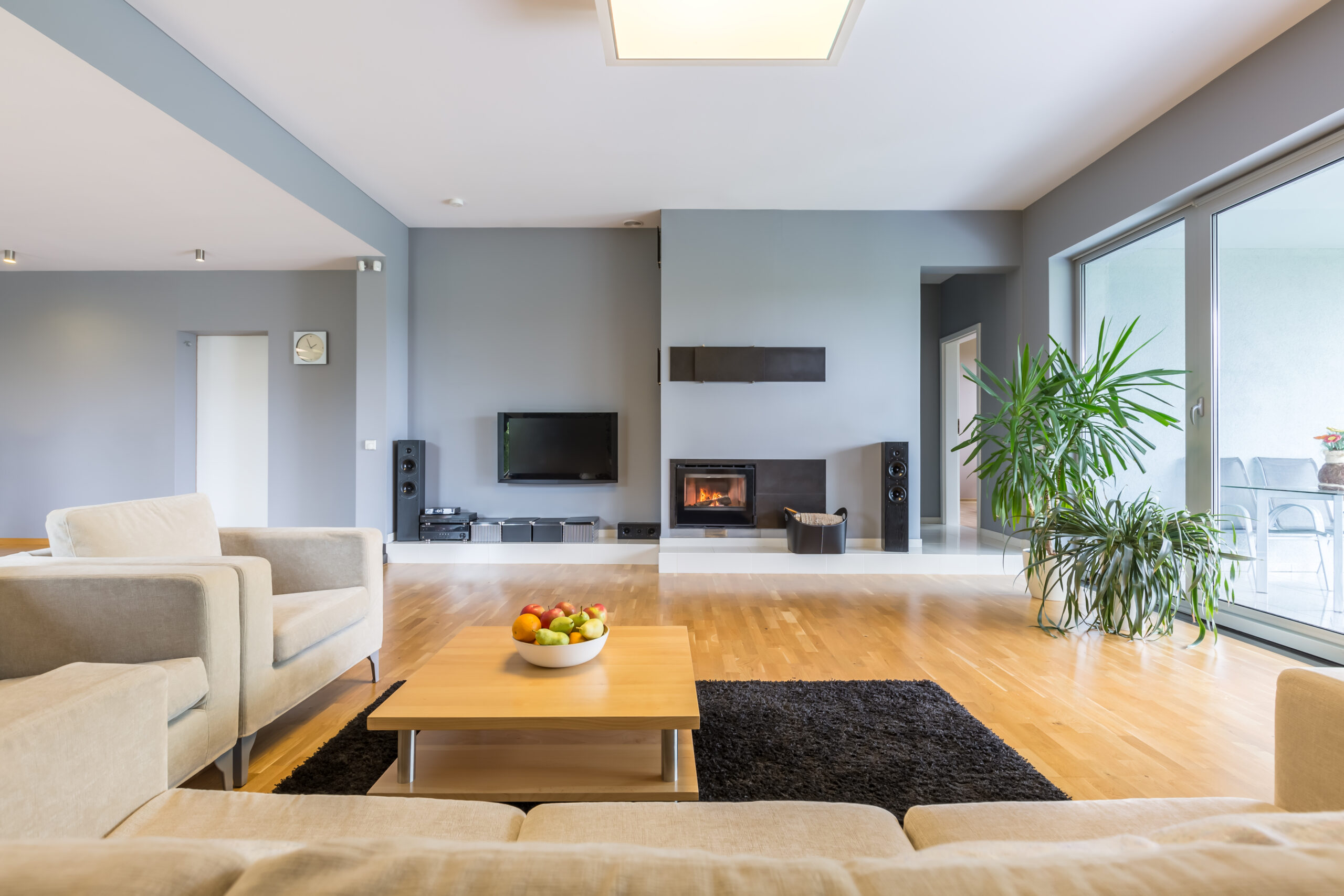 Blue and spacious room with couch and plasma television